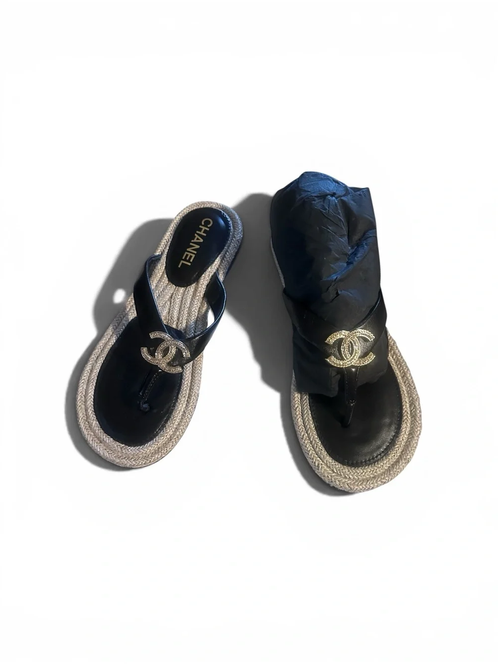 CHANEL Black and Gold Logo Thong Sandals